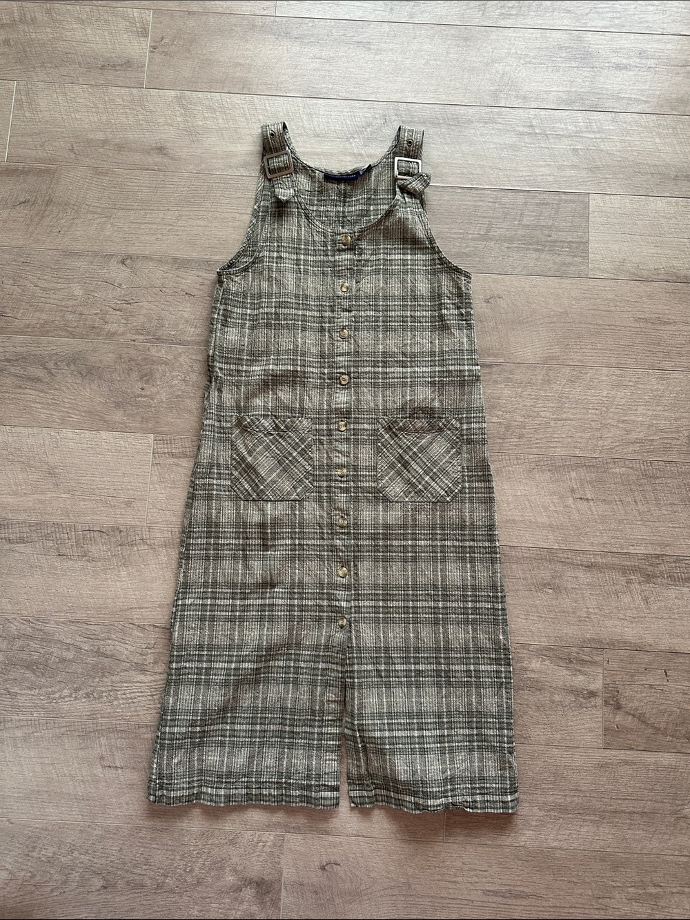 90s Green Plaid Button Down Jumper Pinafore Dress